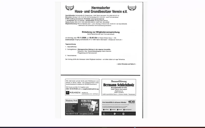 Mitgliederversammlung des Hermsdorfer Haus- und Grundbesitzer Vereins