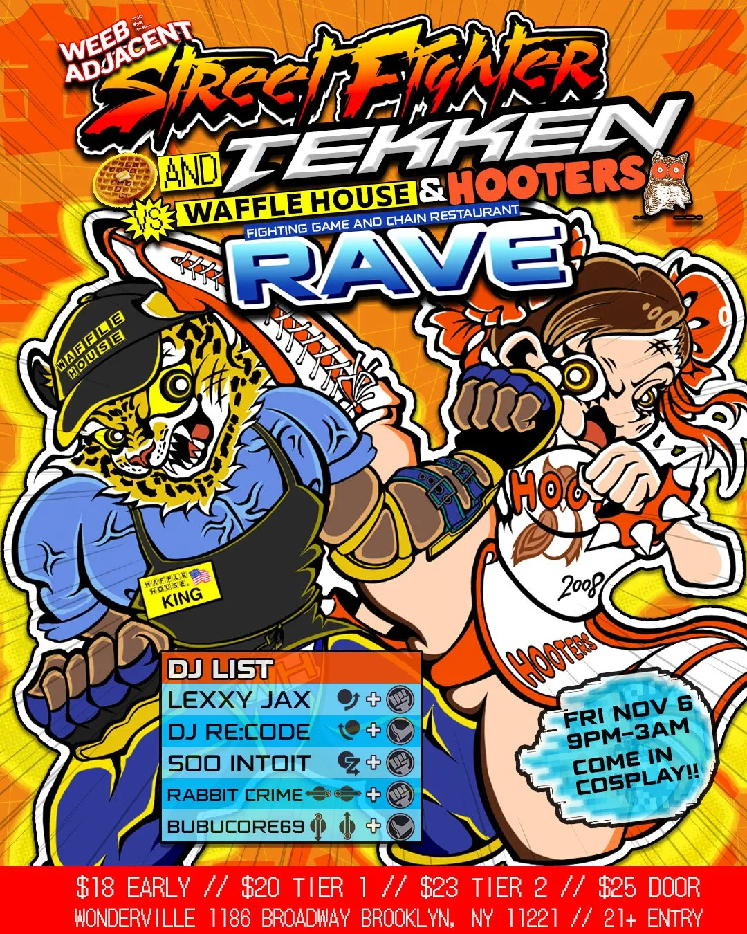 「STREET FIGHTER AND TEKKEN VS WAFFLE HOUSE & HOOTERS FIGHTING GAME AND CHAIN RESTAURANT RAVE」
